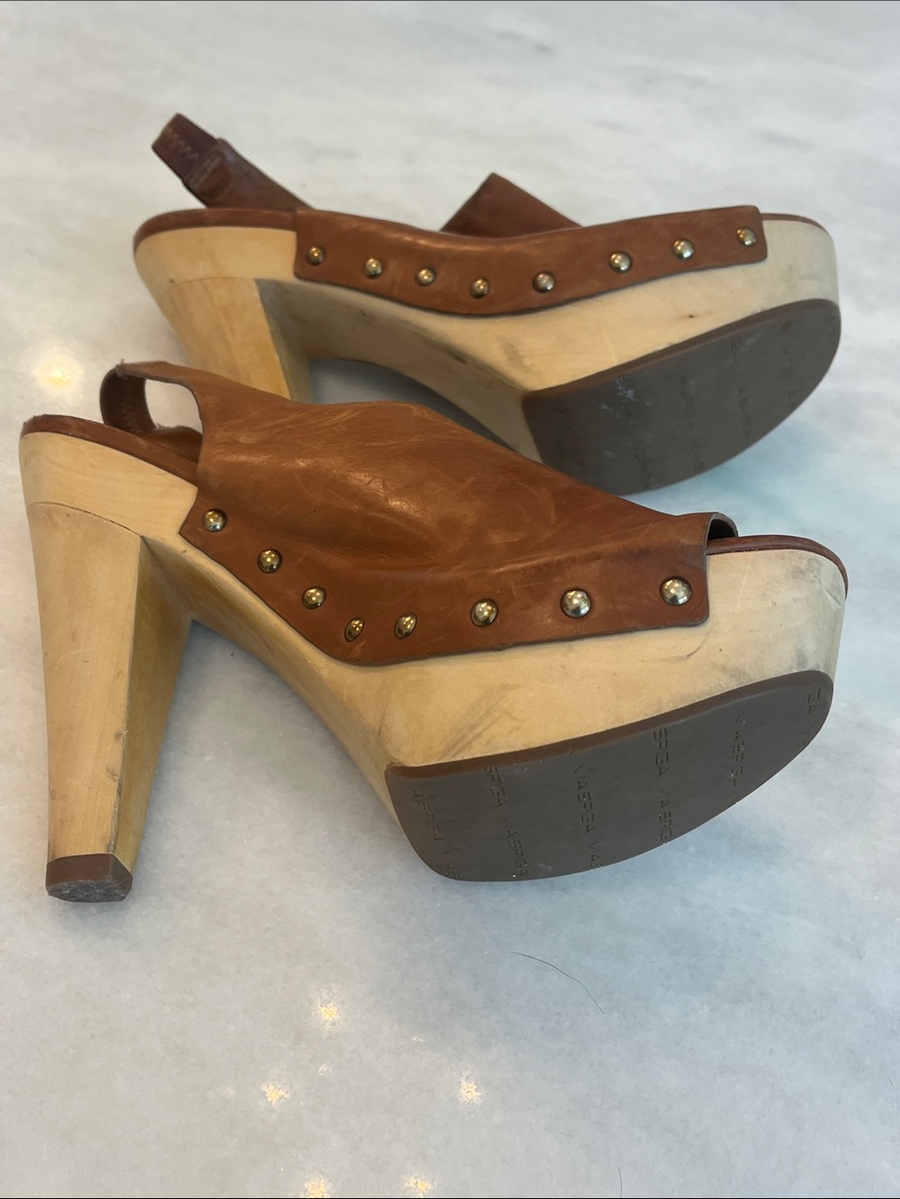 Via Spiga Astro Studded Slingback Platform Heels Clogs Carmel Brown Leather Sz 8 - Picture 3 of 13